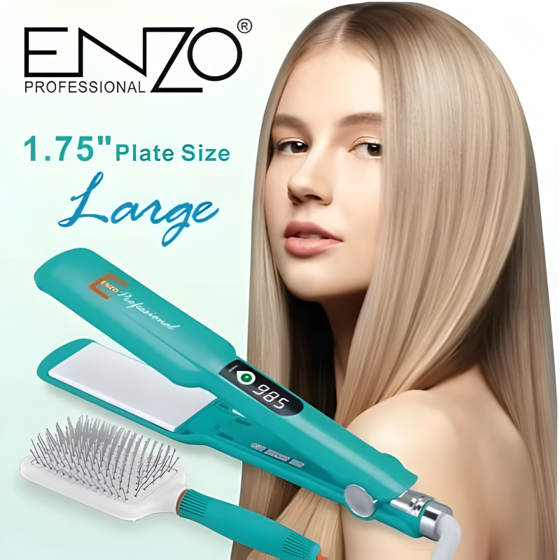 ENZO Hair Straightener with LCD Temperature Display and Paddle Brush