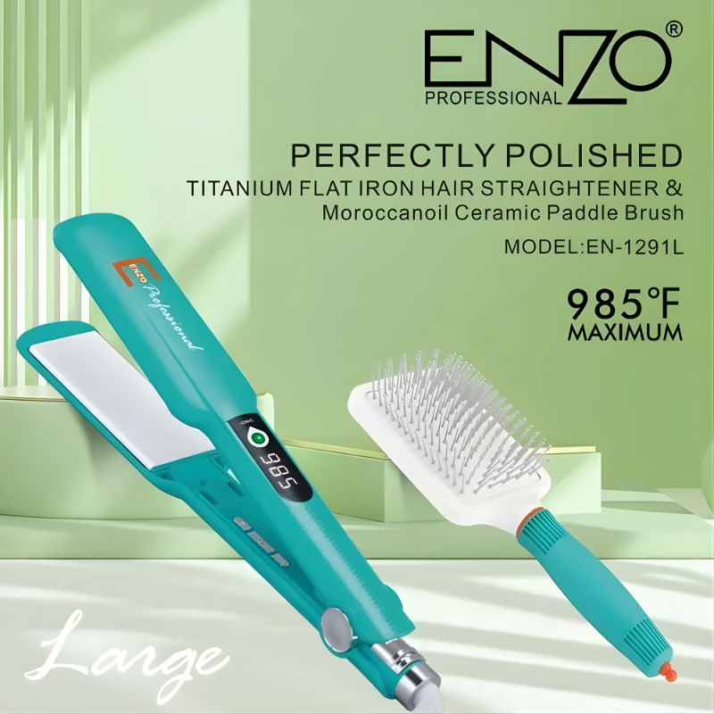 ENZO Hair Straightener with LCD Temperature Display and Paddle Brush