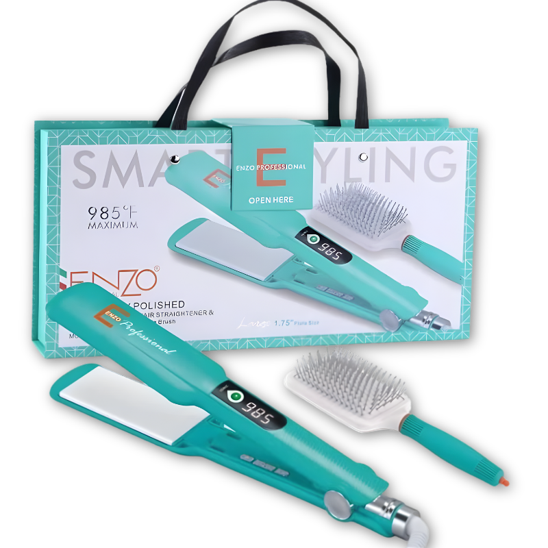 ENZO Hair Straightener with LCD Temperature Display and Paddle Brush