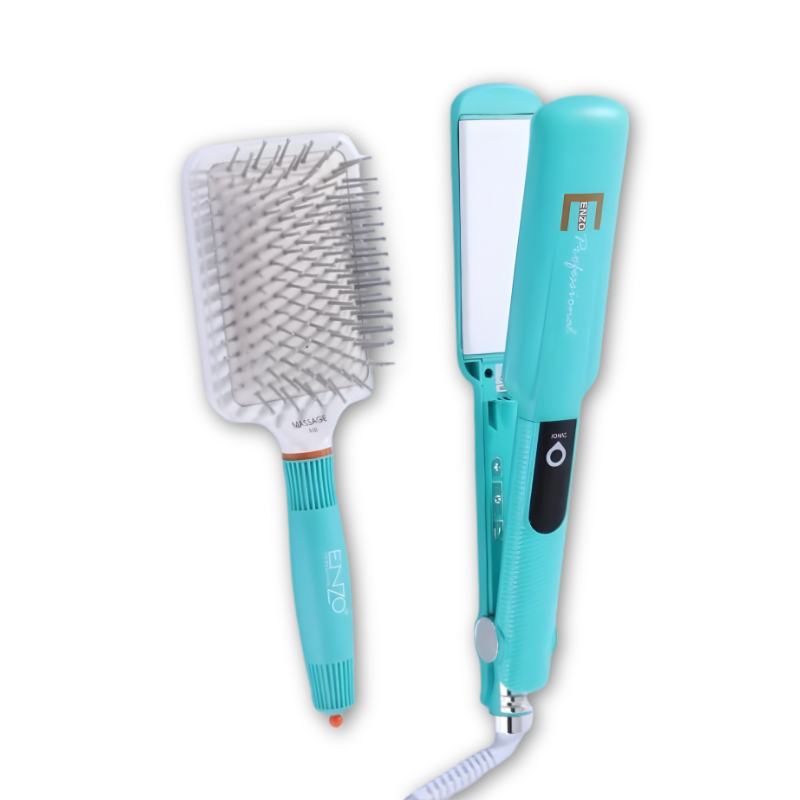 ENZO Hair Straightener with LCD Temperature Display and Paddle Brush