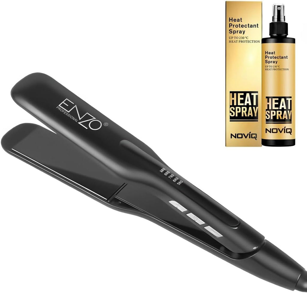 Enzo Graphite Titanium Hair Straightener + NOVIQ Heat Spray 250 ml | Dual Voltage Flat Iron with Adjustable Heat (130¬∞C‚Äì230¬∞C) | Fast Heat-Up, Frizz-Free Shine, and Smooth Styling