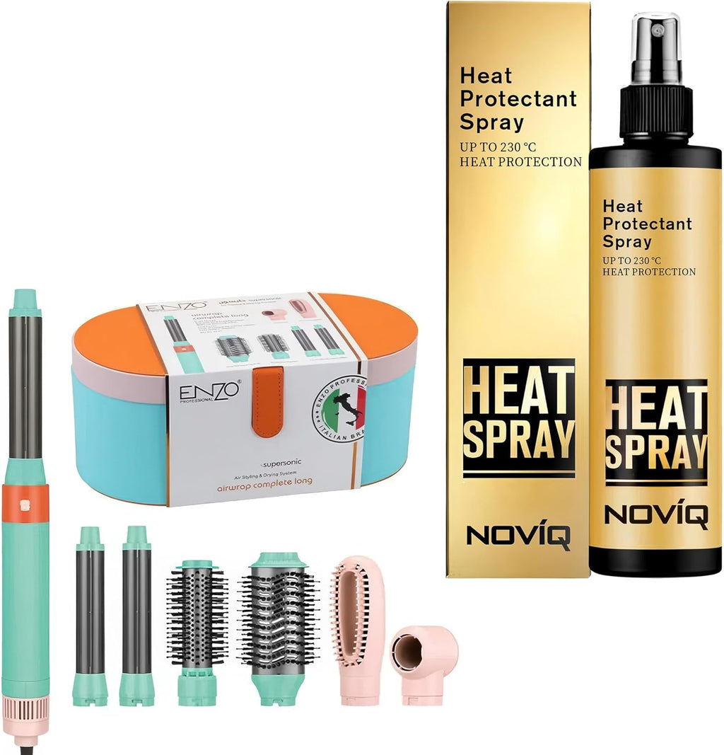 (Blue) ENZO | 5-in-1 Hair Dryer Brush & Air Curler + NOVIQ Heat Protection Spray (250ml)