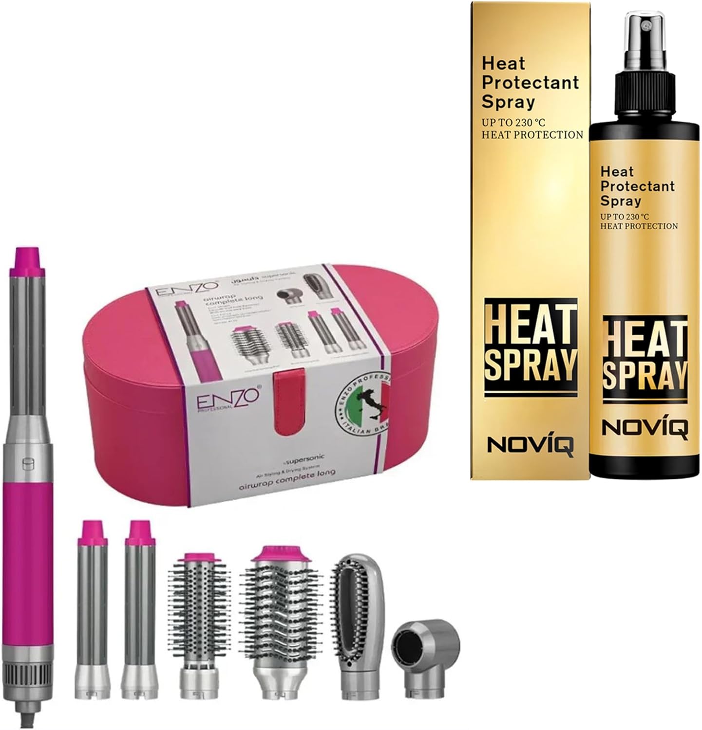 ENZO | (Pink) 5-in-1 Hair Dryer Brush & Air Curler + NOVIQ Heat Protection Spray (250ml)