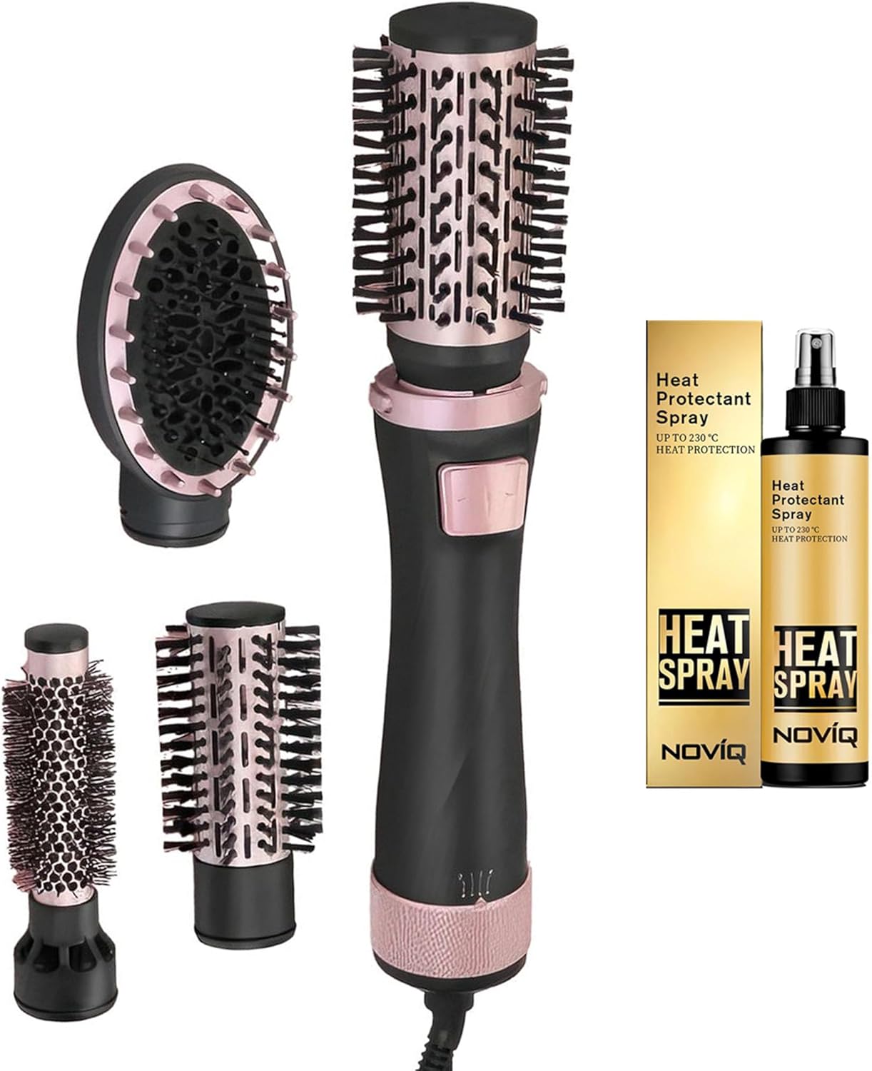 Enzo 4-in-1 Rotating Ionic Hair Styler + NOVIQ Heat Spray 250ml | 1000W Hot Air Brush | Dual Rotation | Detachable Head | Frizz Control & Volume Styler