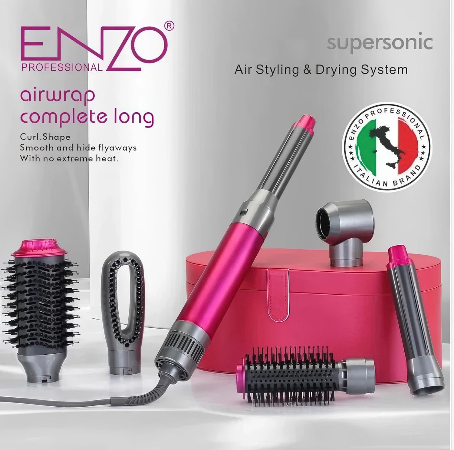 ENZO | (Pink) 5-in-1 Hair Dryer Brush & Air Curler + NOVIQ Heat Protection Spray (250ml)