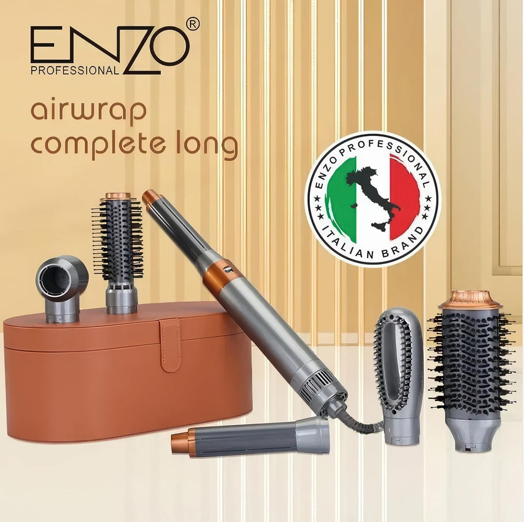 Enzo 5-in-1 Hair Dryer Brush & Air Curler + NOVIQ Heat Spray 250ml | Ionic Hair Styler w/ 5 Interchangeable Attachments, Cool Shot & Frizz Control | Smooth, Voluminous, Salon-Quality Results (Brown)
