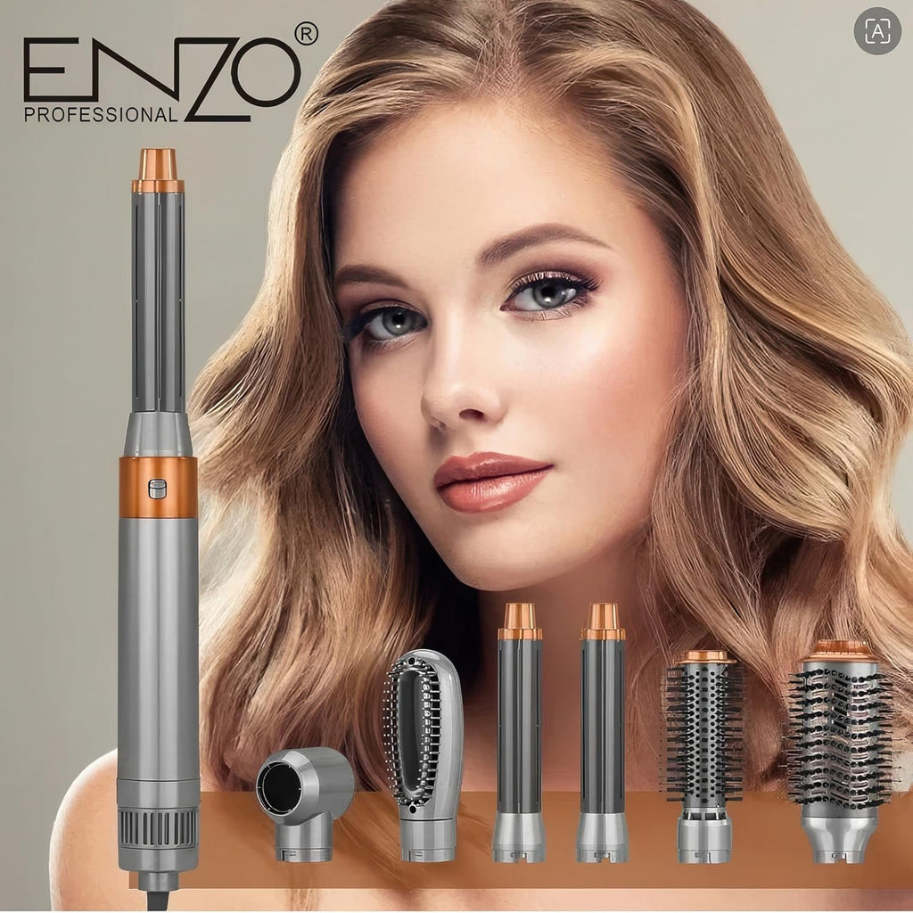 Enzo 5-in-1 Hair Dryer Brush & Air Curler + NOVIQ Heat Spray 250ml | Ionic Hair Styler w/ 5 Interchangeable Attachments, Cool Shot & Frizz Control | Smooth, Voluminous, Salon-Quality Results (Brown)