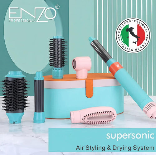 (Blue) ENZO | 5-in-1 Hair Dryer Brush & Air Curler + NOVIQ Heat Protection Spray (250ml)