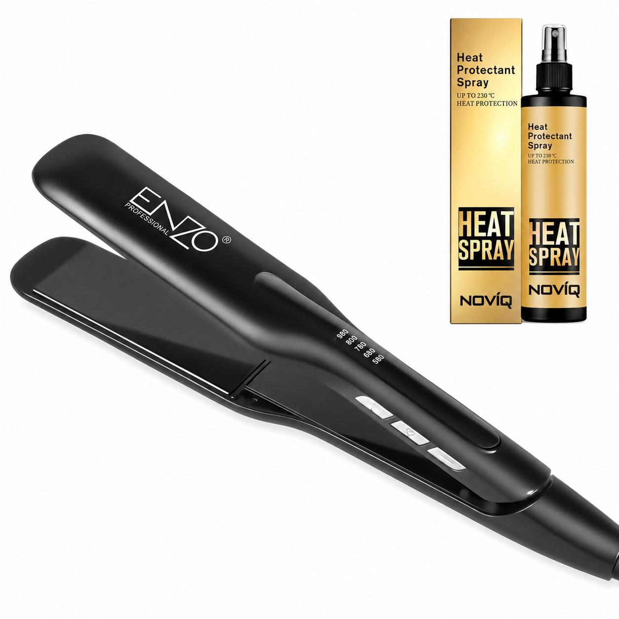 ENZO Graphite Titanium Hair Straightener + NOVIQ Heat Spray 250ml | Dual Voltage, 130°C–230°C