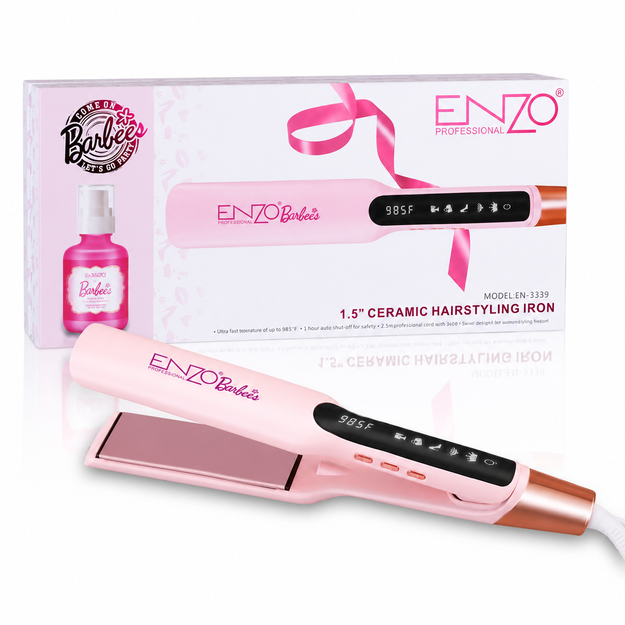 ENZO PRO pink ceramic hair straightener with retail box and hair serum