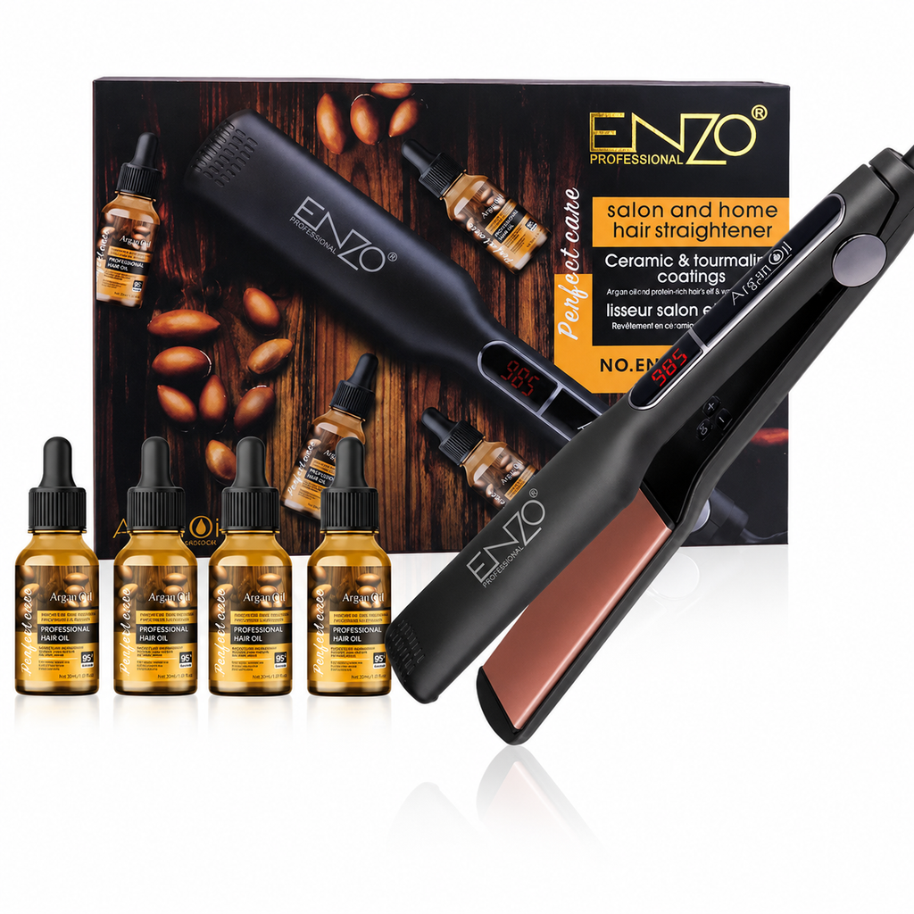 ENZO salon argan oil straightener with retail box and four argan oil bottles