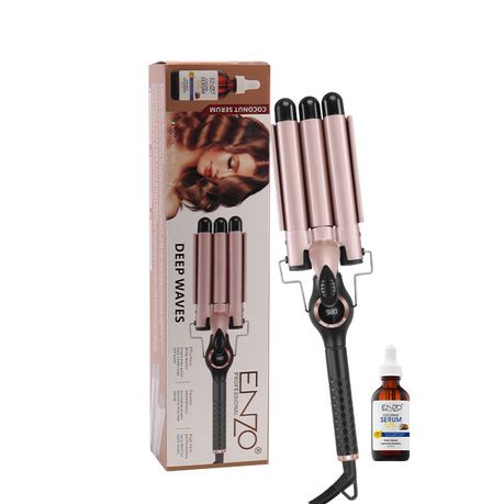 ENZO 3-Barrel Waver/Curler + Coconut Oil Serum, Bag & Brush