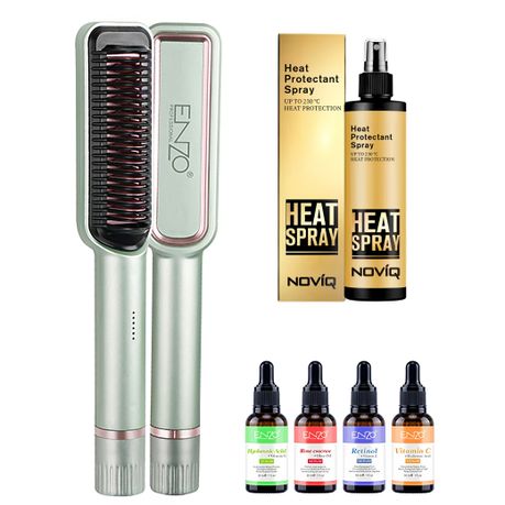 ENZO 2-in-1 Straightening & Smoothing Heated Brush + NOVIQ Heat Spray 250ml (EN-4113)