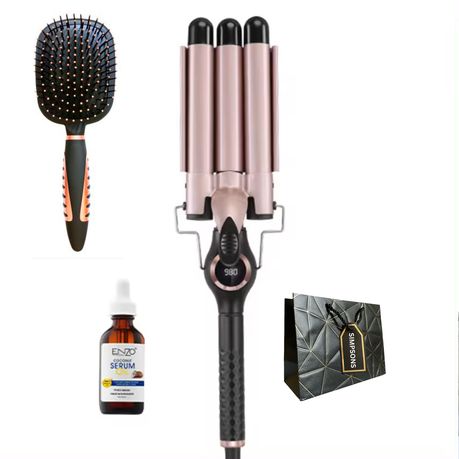 ENZO 3-Barrel Waver/Curler + Coconut Oil Serum, Bag & Brush